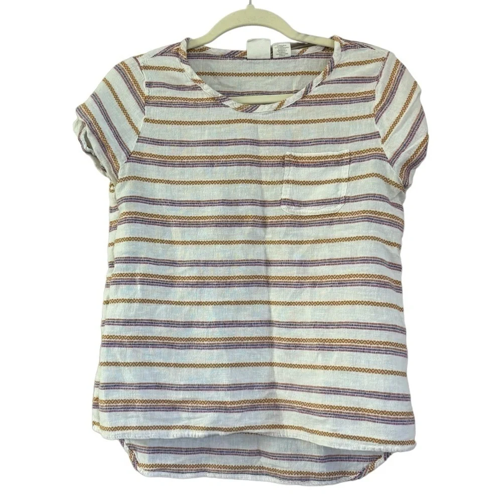 C&C California Cotton Linen Blend Stripe Crew Neck Short Sleeve Blouse Women’s S - Picture 3 of 9
